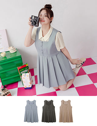 Square Neck Button Pleated Plus Size Mini Dress