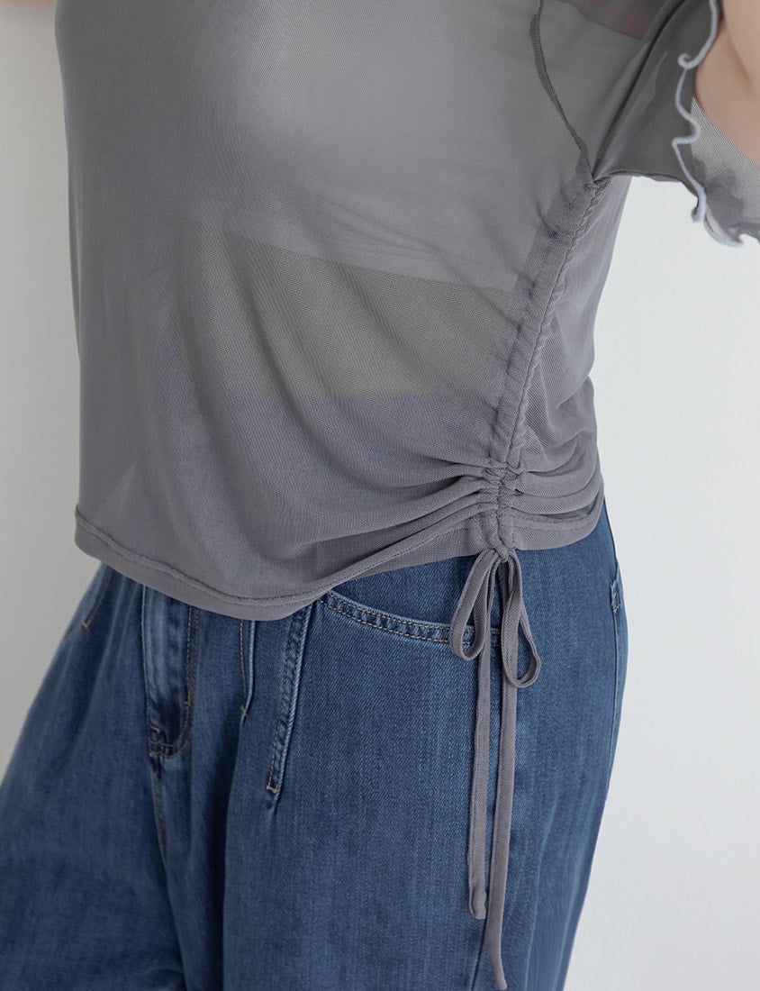 Side Drawstring Sheer Ruffle Sleeve Plus Size Top