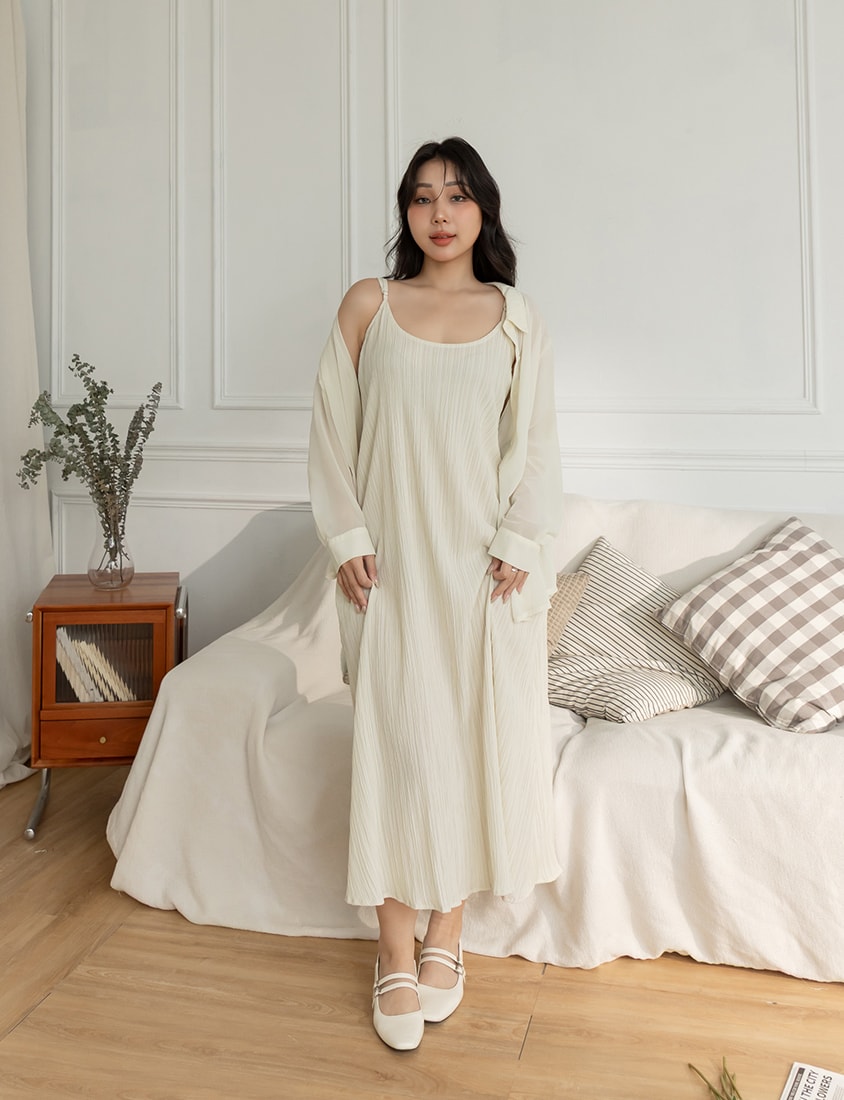 Sheer Shirt With Strap Dress Plus Size Set (With Waist Tie)