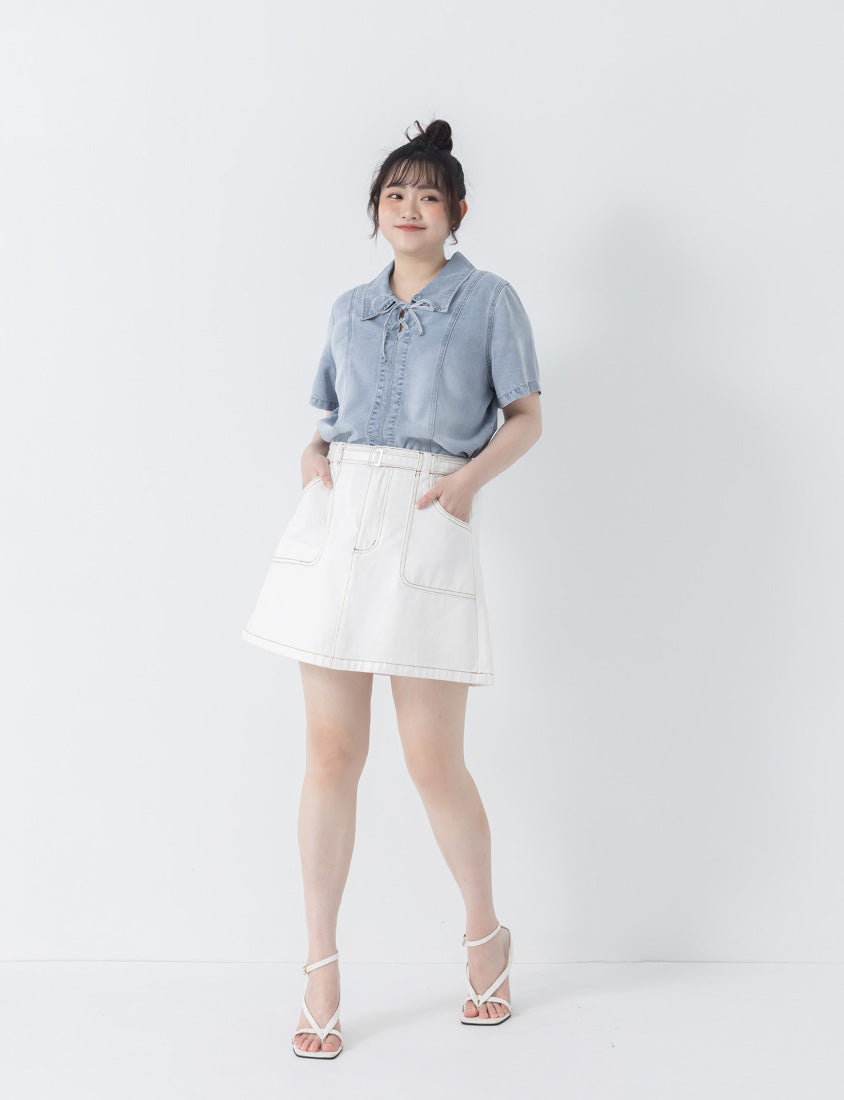 Tencel Silky Denim Tie-Front Collar Plus Size Top