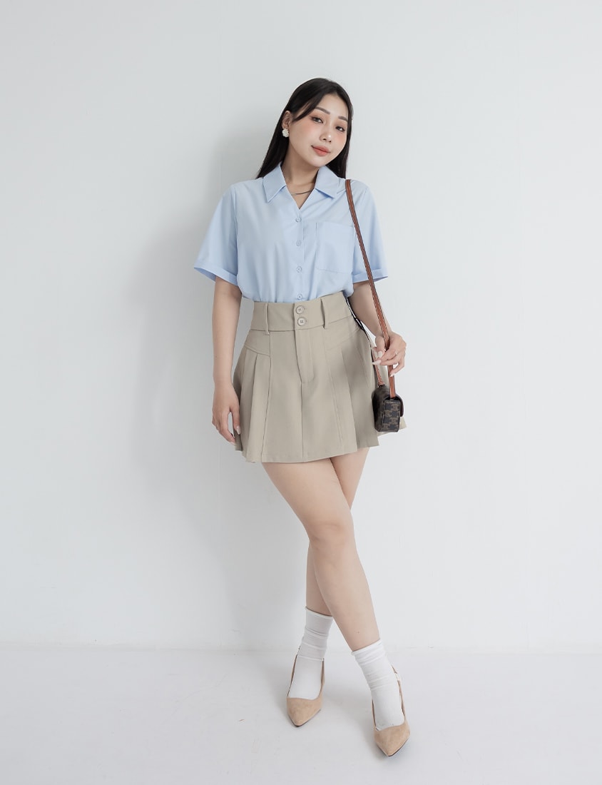 MISS. High Waist Tummy Flattering Pleated Tailored Plus Size Mini Skirt