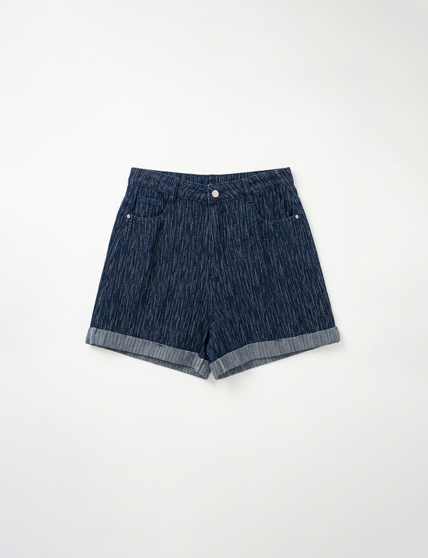 Textured Two-Tone Denim Cuffed Plus Size Shorts
