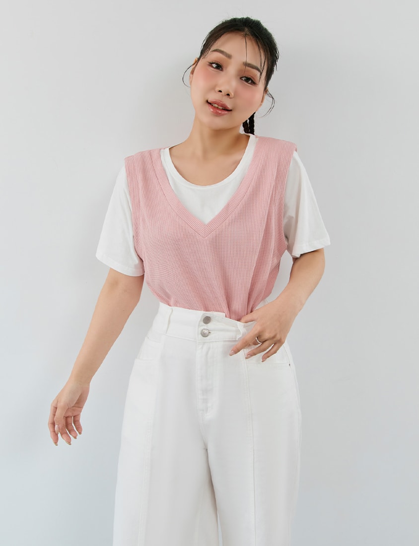Contrast Waffle Faux Two Piece Plus Size Tee
