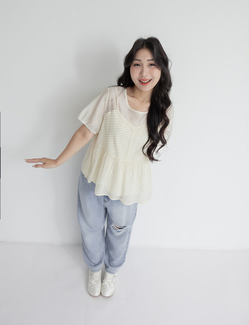 Cute Floral Print Faux Two Piece Plus Size Top