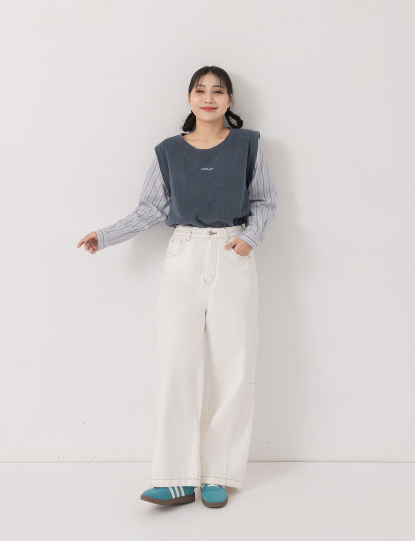 Round Neck Faux Layered Small Embroidery Plus Size Striped Top