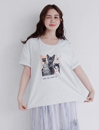 Kitty and Puppy Print Crew Neck Short Sleeve T-shirt