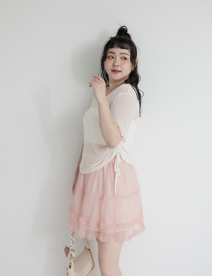 Side Drawstring Sheer Ruffle Sleeve Plus Size Top