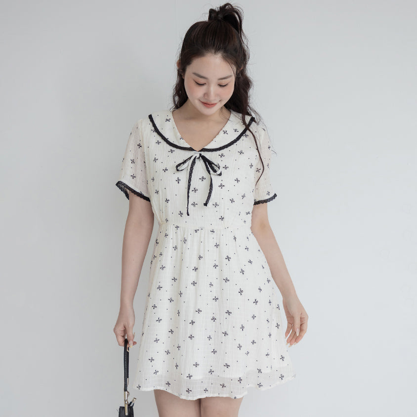 All-Over Bow Collared Plus Size Mini Dress