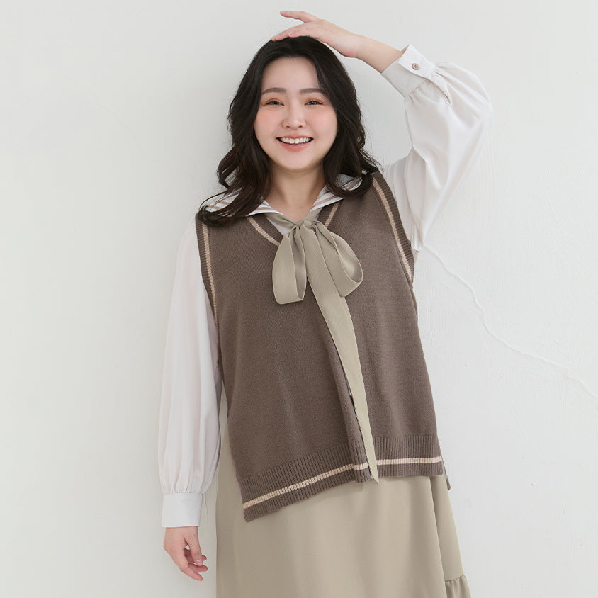 Preppy V-Neck Contrast Stripe Knit Plus Size Vest