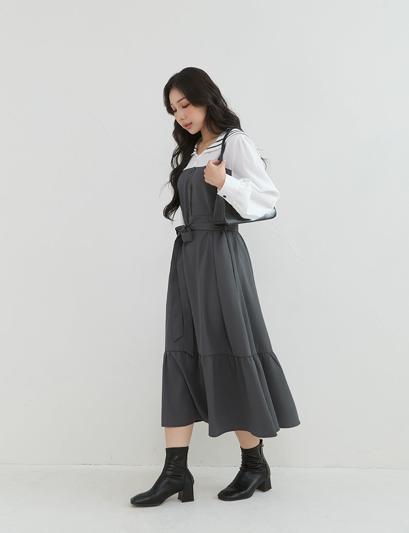 Contrast Sailor Collar Faux Two Piece Plus Size Maxi Dress (With Waist Tie)