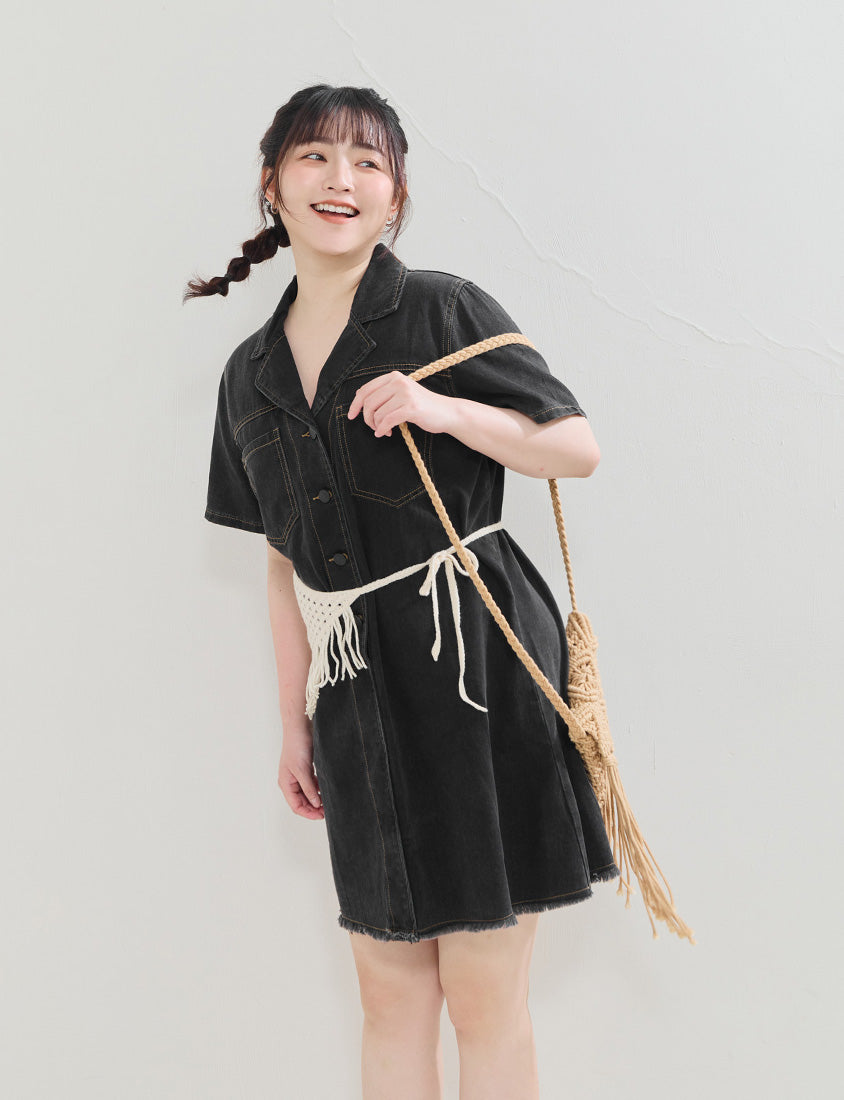 Frayed Hem Pocket Denim Plus Size Mini Dress