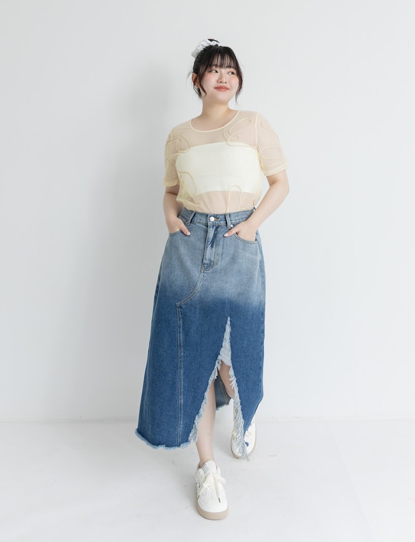 Japanese Style Wavy Line Sheer Textured Plus Size Top