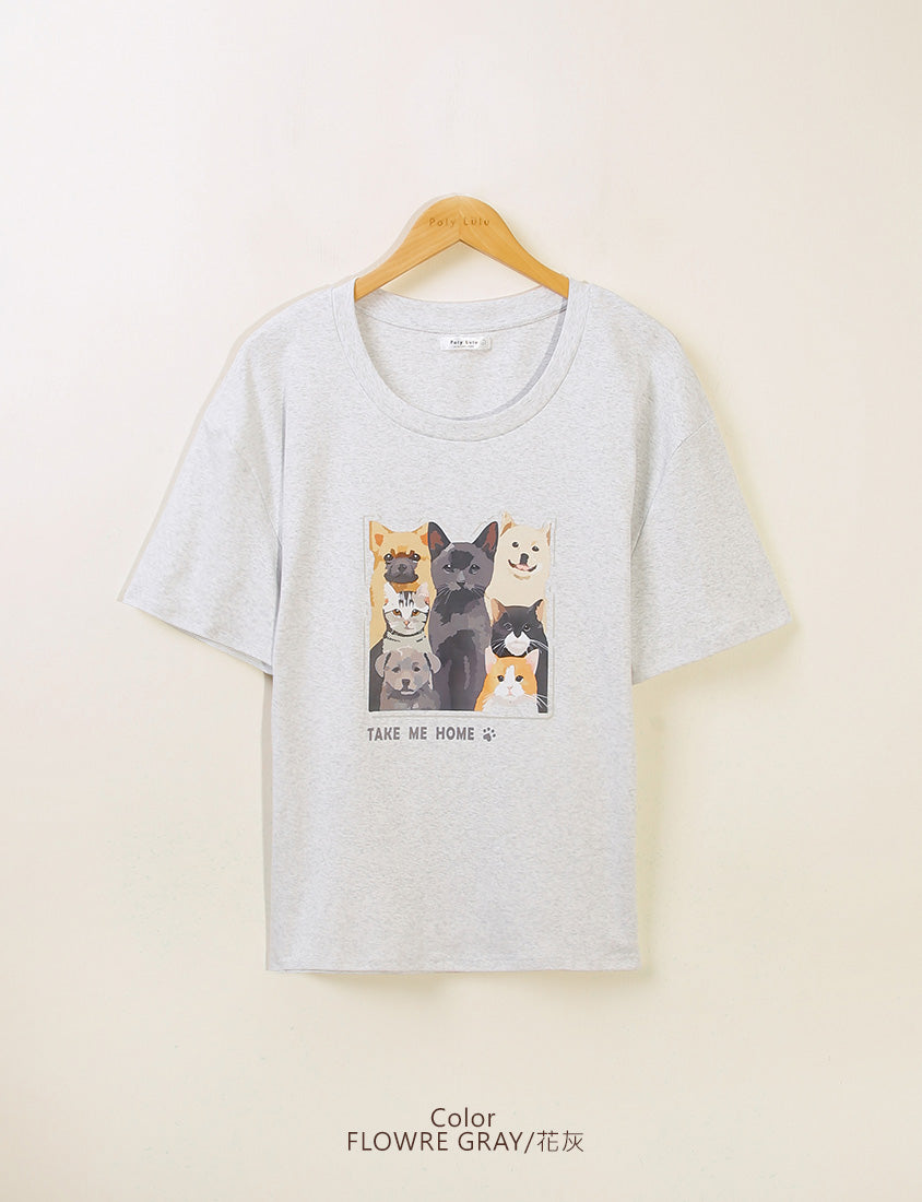 Kitty and Puppy Print Crew Neck Short Sleeve T-shirt