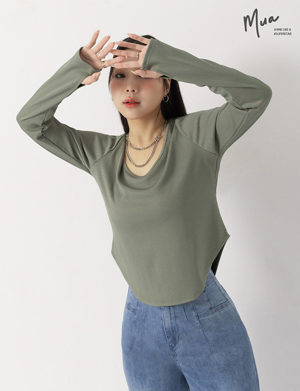 MUA! U-Neck Ribbed Curved Hem Plus Size Long Sleeve Top