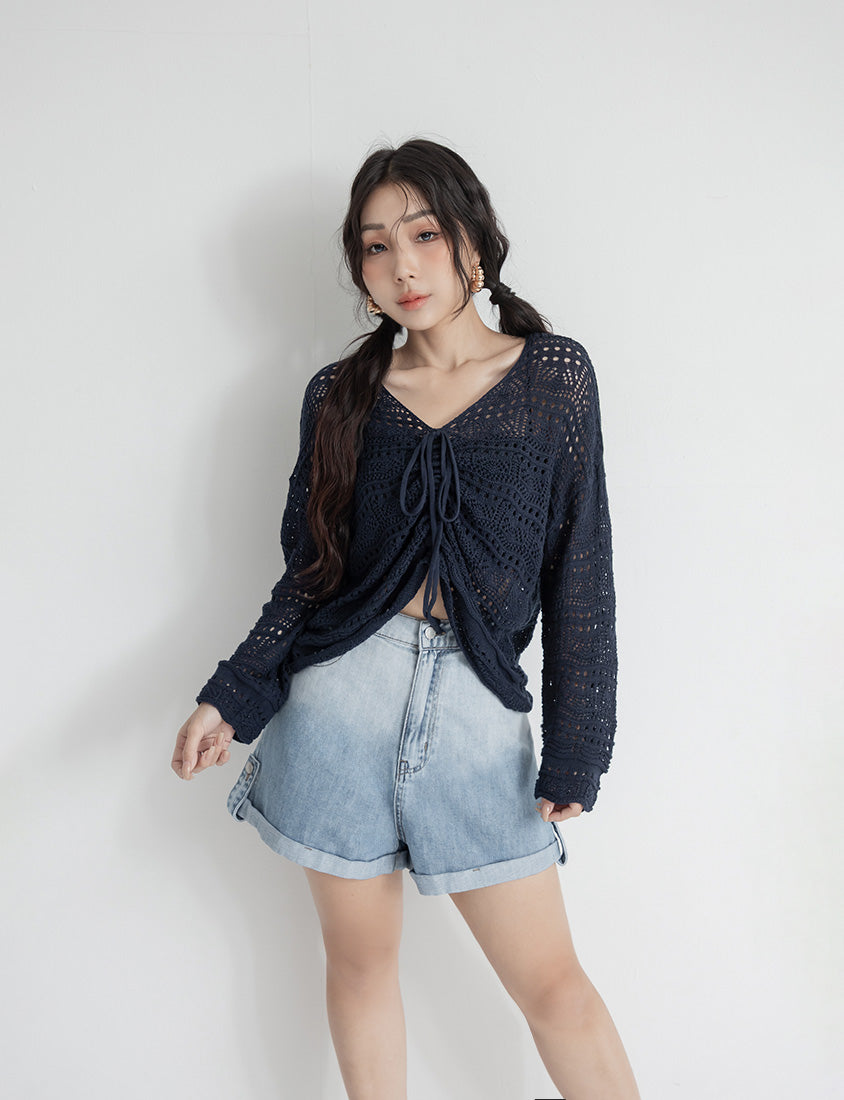 MUA! Lace Openwork Drawstring Knit Plus Size Top