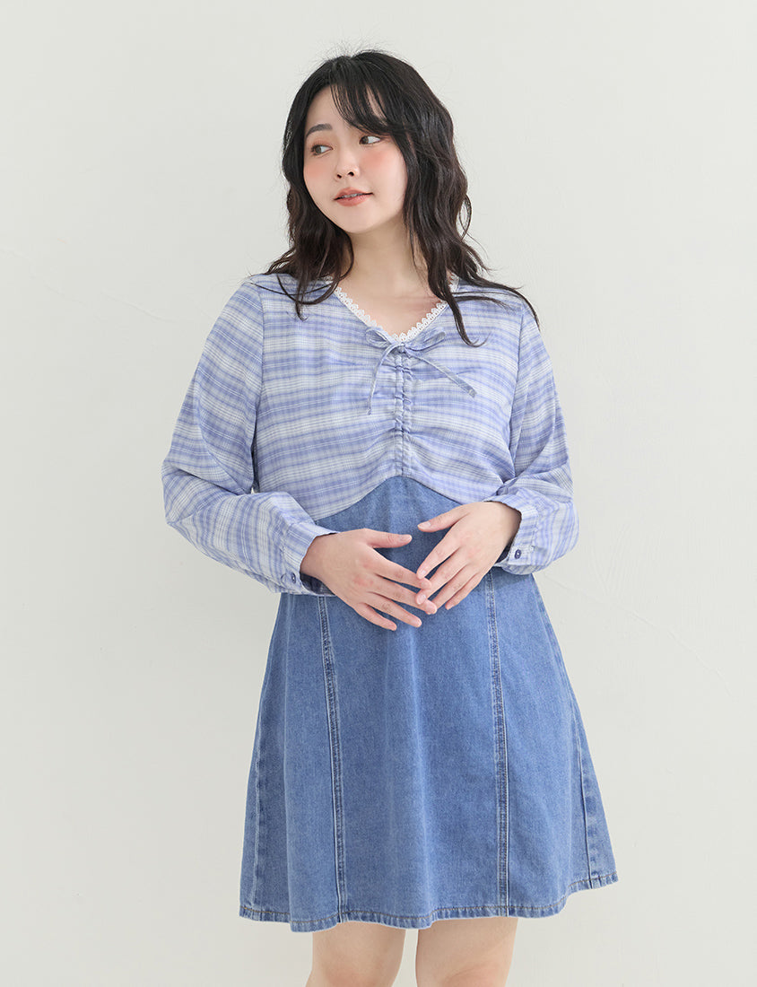 Vintage Plaid Faux Two-Piece Denim Plus Size Mini Dress