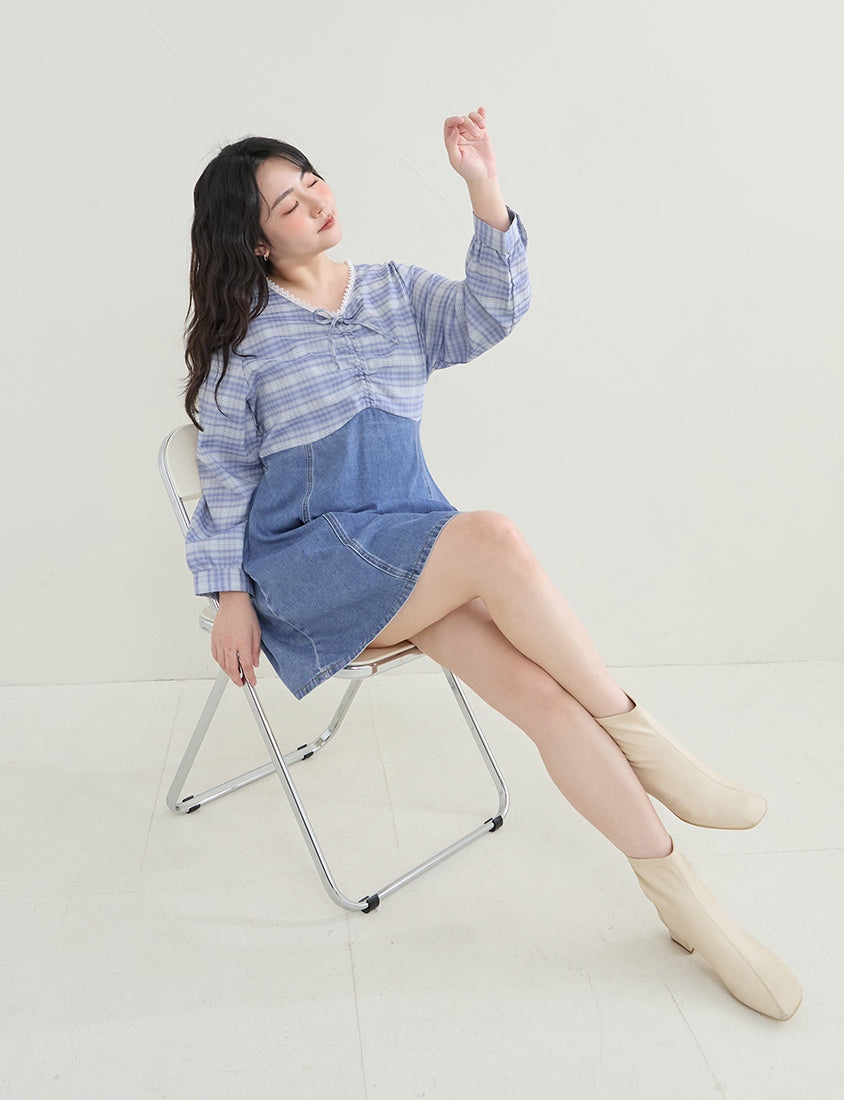 Vintage Plaid Faux Two-Piece Denim Plus Size Mini Dress