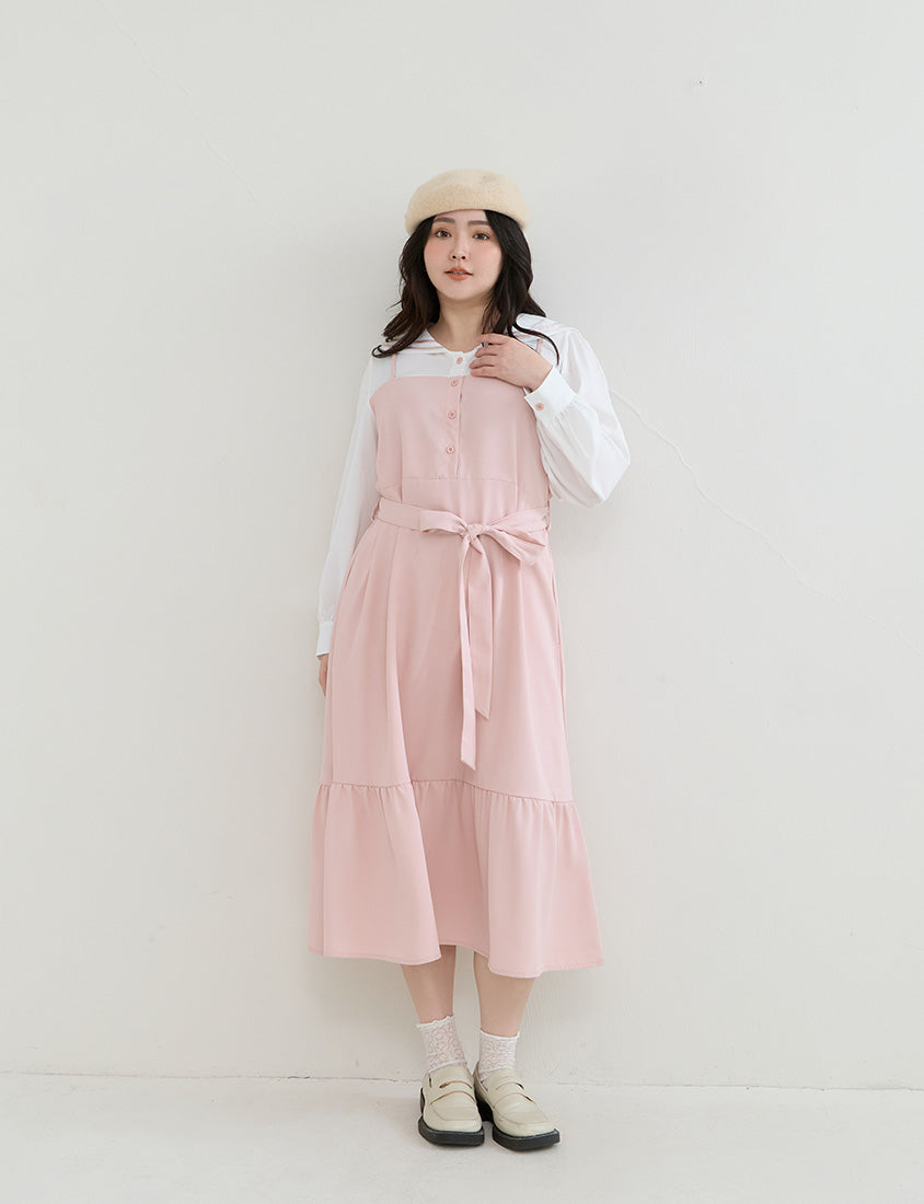 Contrast Sailor Collar Faux Two Piece Plus Size Maxi Dress (With Waist Tie)