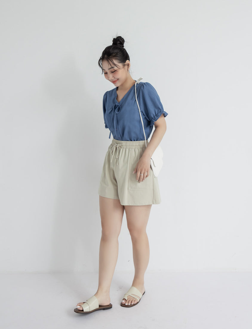 Cooling Tencel Silky Denim-Like Puff Sleeve Plus Size Shirt