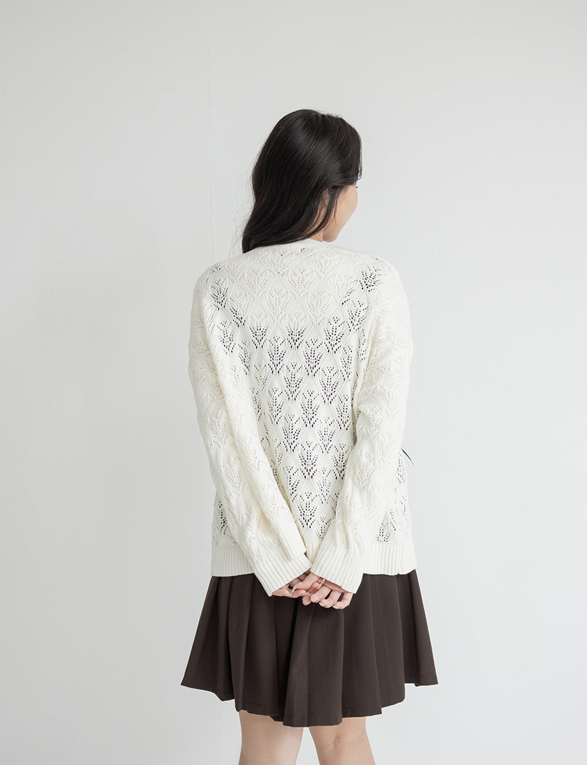 Sweet Bow-Detail Openwork Knit Plus Size Cardigan