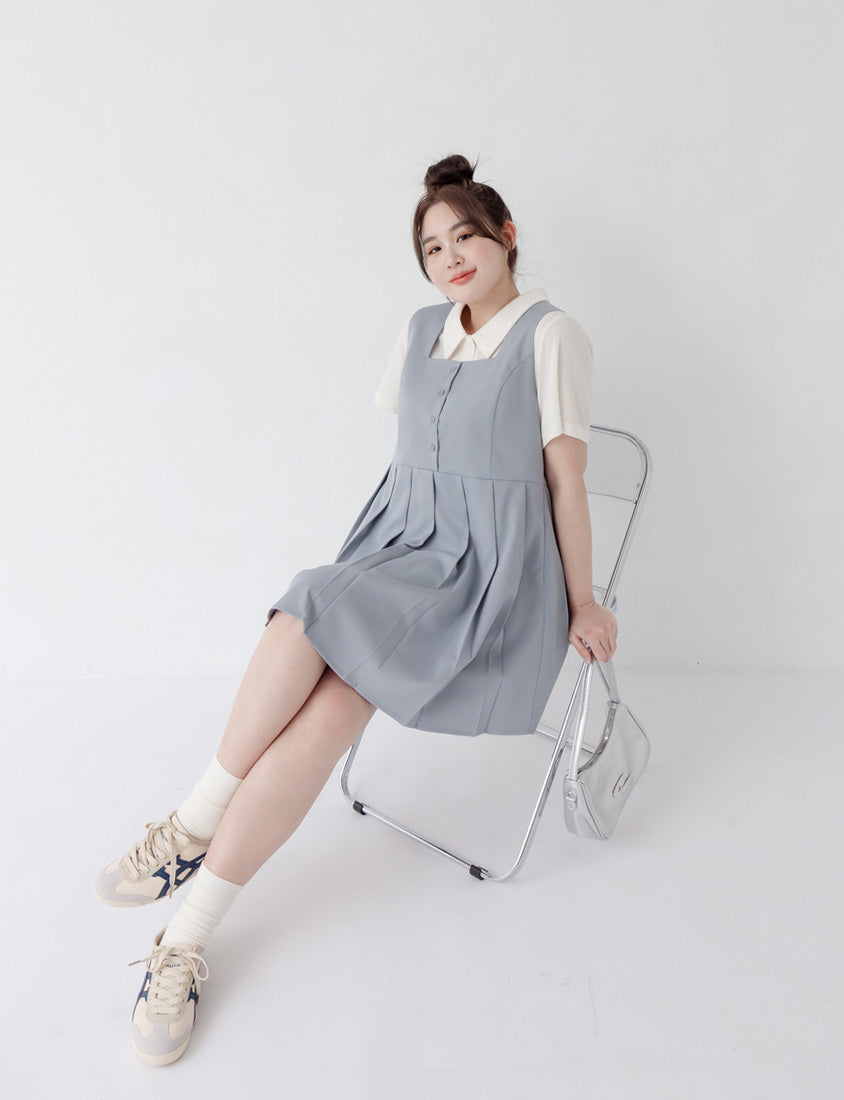 Square Neck Button Pleated Plus Size Mini Dress