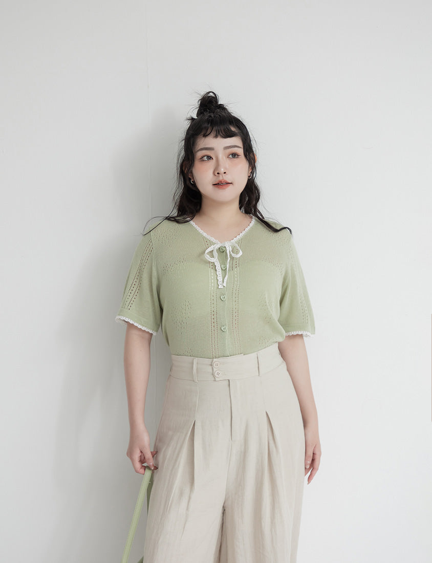 Lace Collar Heart Cutout Plus Size Knit Cardigan