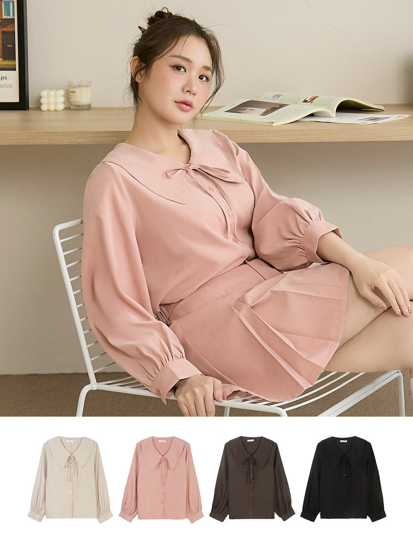 Sweet Multicolor Collar Tie Puff Sleeve Plus Size Shirt