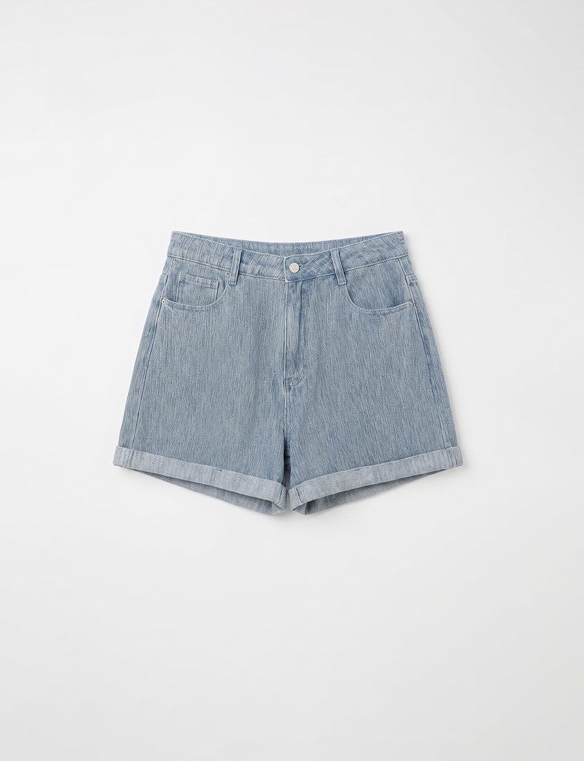 Textured Two-Tone Denim Cuffed Plus Size Shorts