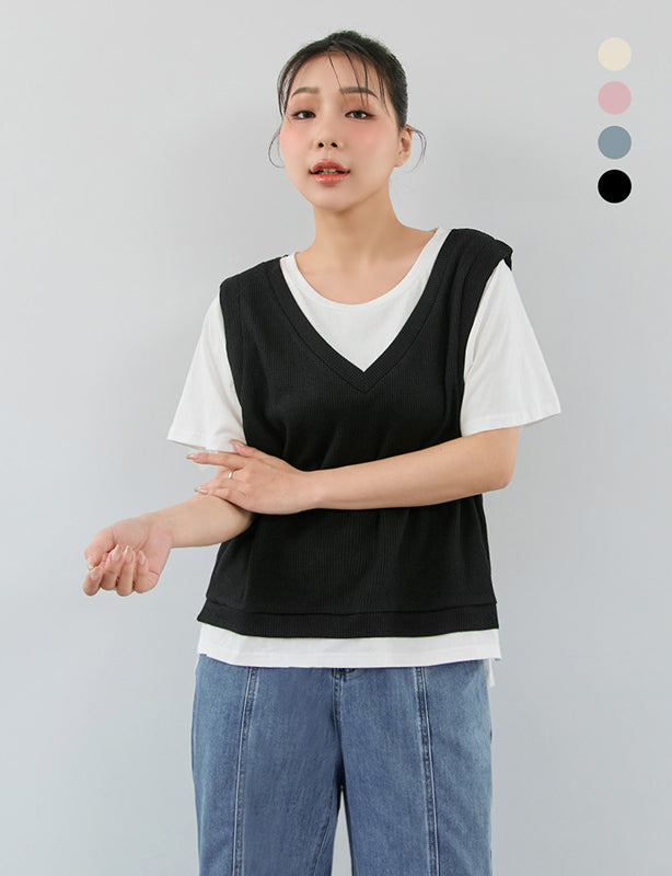 Contrast Waffle Faux Two Piece Plus Size Tee