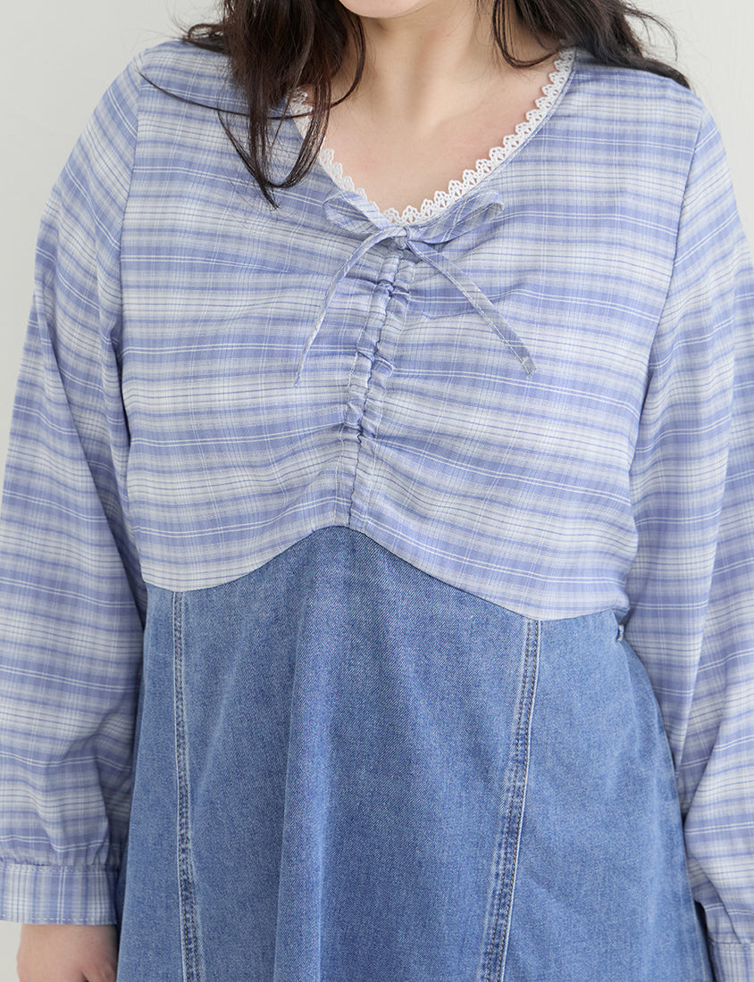 Vintage Plaid Faux Two-Piece Denim Plus Size Mini Dress