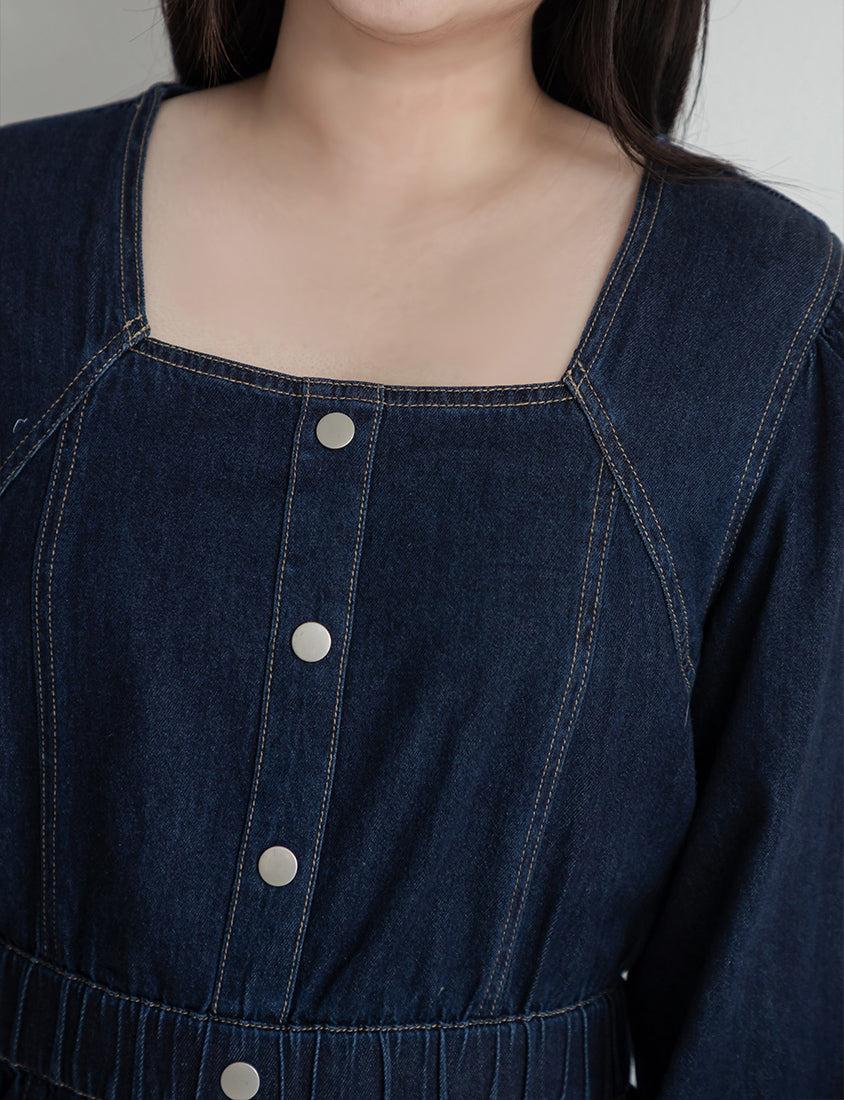 Smock-Waisted Square Neck Faux-Button Denim Plus Size Maxi Dress