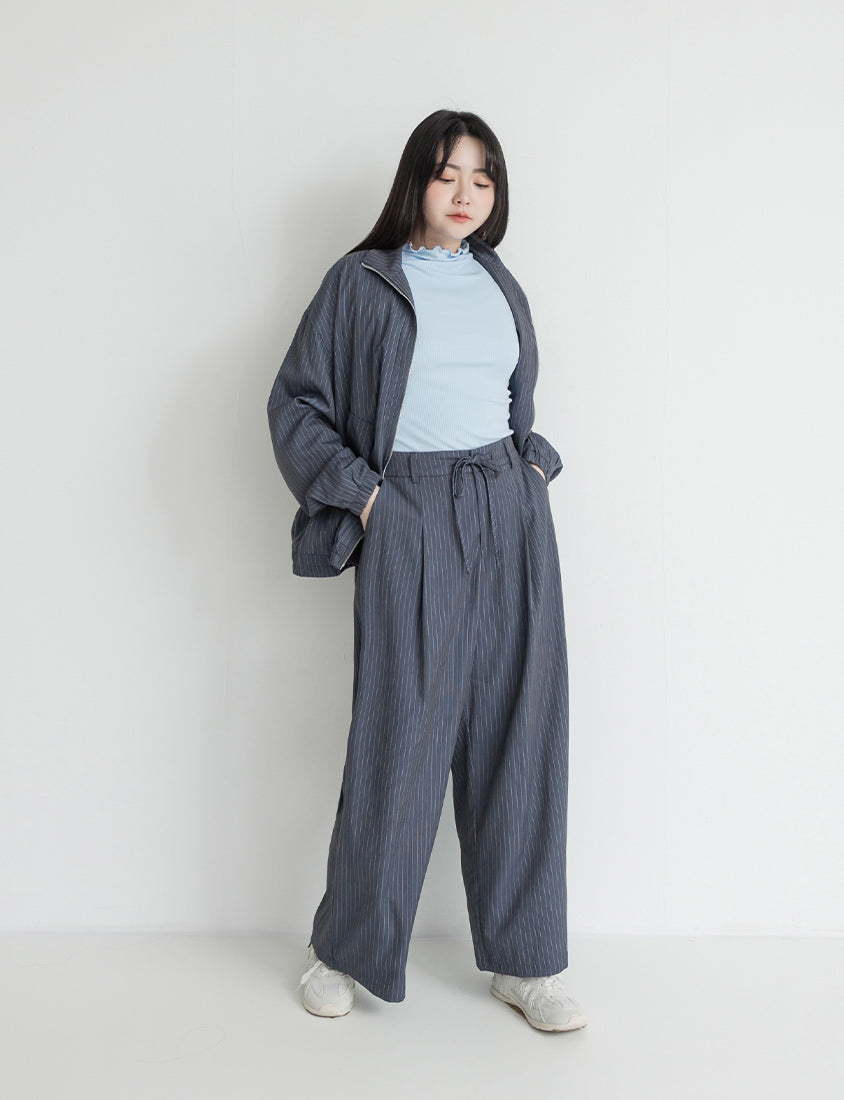 Striped Elastic Back Waist Relaxed Plus Size Tailored Trousers
