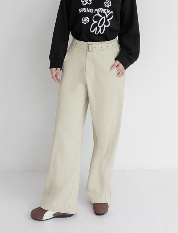 Versatile Twill Back Elastic Plus Size Straight Leg Pants (With Belt)