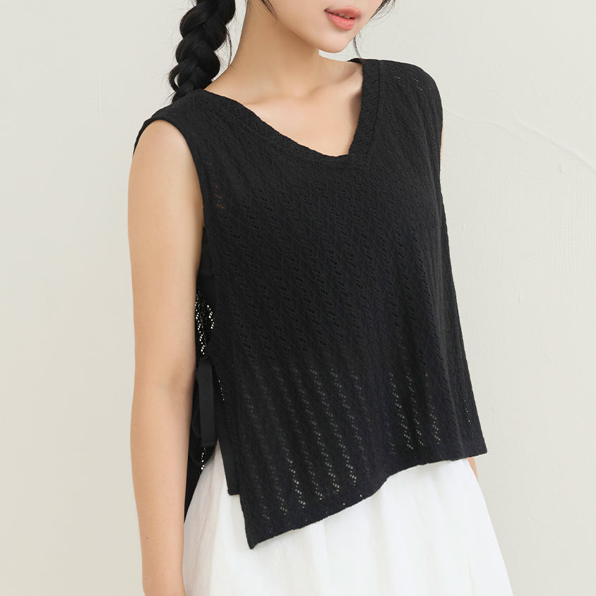 Versatile Openwork Knit Tie-Front Plus Size Tank Top