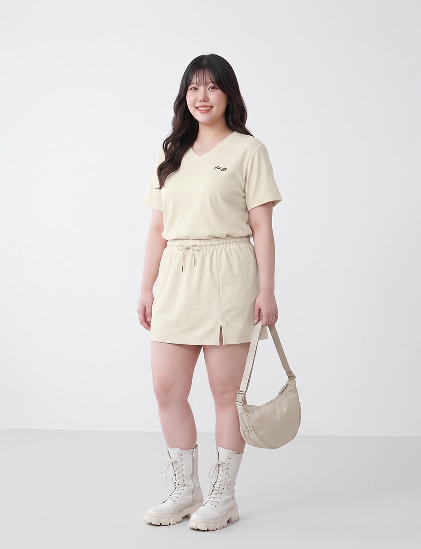 Soft Stretch Cotton Side Slit Drawstring Plus Size Mini Skirt