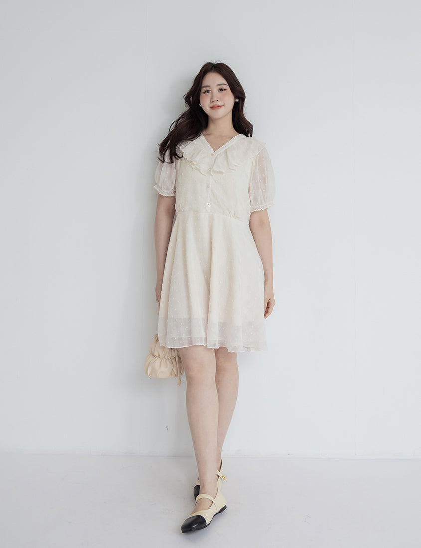 MISS. Polka Dot Jacquard Ruffle V-Neck Plus Size Mini Dress