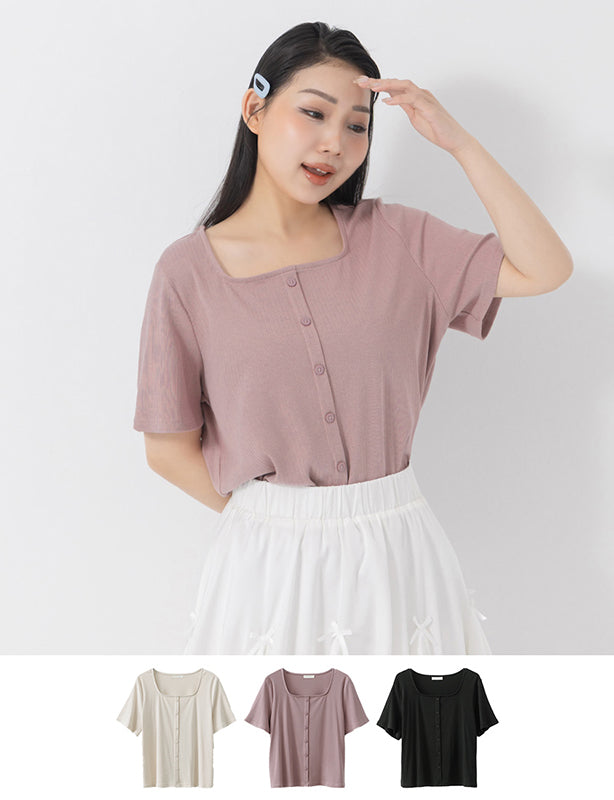 Tencel Ribbed Faux Button Square Neck Plus Size Top