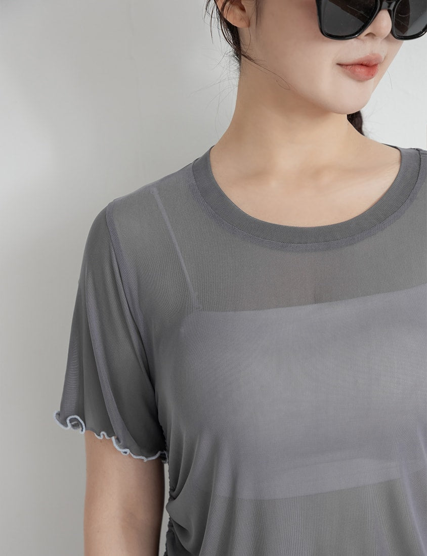 Side Drawstring Sheer Ruffle Sleeve Plus Size Top