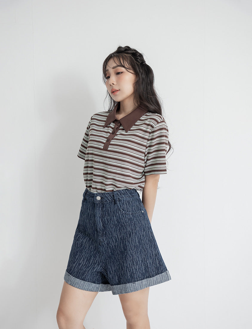 Textured Two-Tone Denim Cuffed Plus Size Shorts