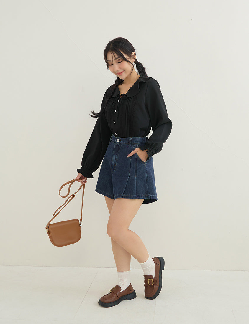 Pleated Slim-Fit A-Line Plus Size Denim Shorts
