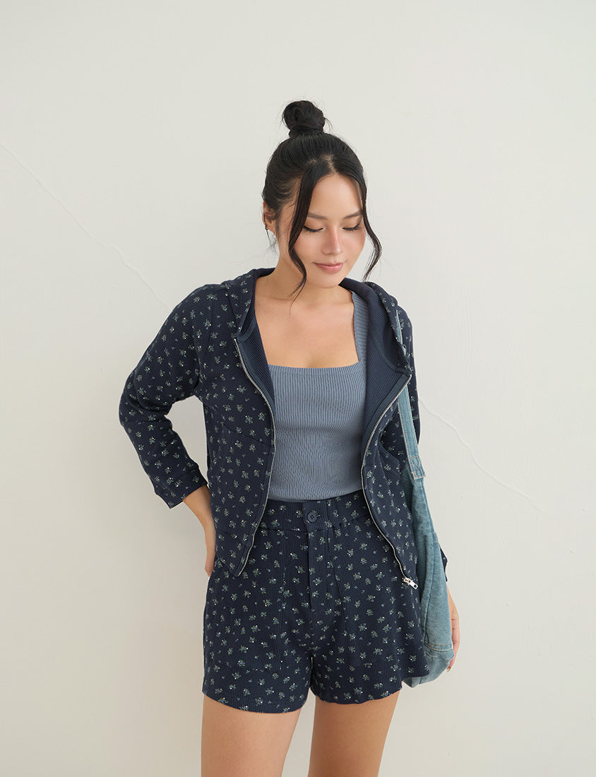 Sweet Floral Waffle Cropped Plus Size Hoodie