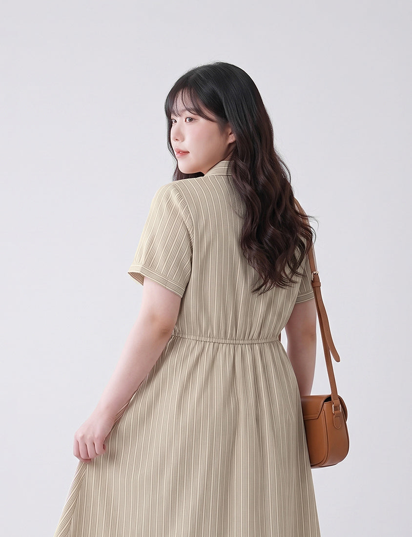 Japanese Contrast Stripe Shirt Collar Plus Size Maxi Dress