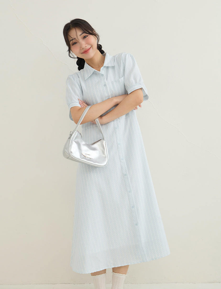 Japanese Contrast Stripe Shirt Collar Plus Size Maxi Dress