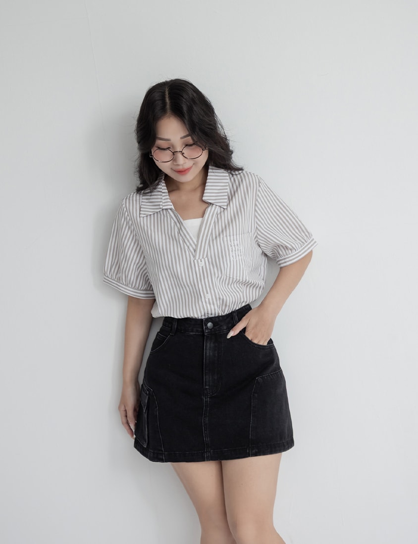 Faux Two Piece Stripe Collar Plus Size Top