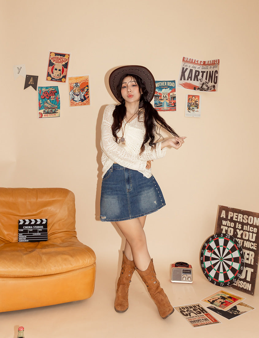 MUA! Side Pearl Studded Distressed Denim Plus Size Mini Skirt
