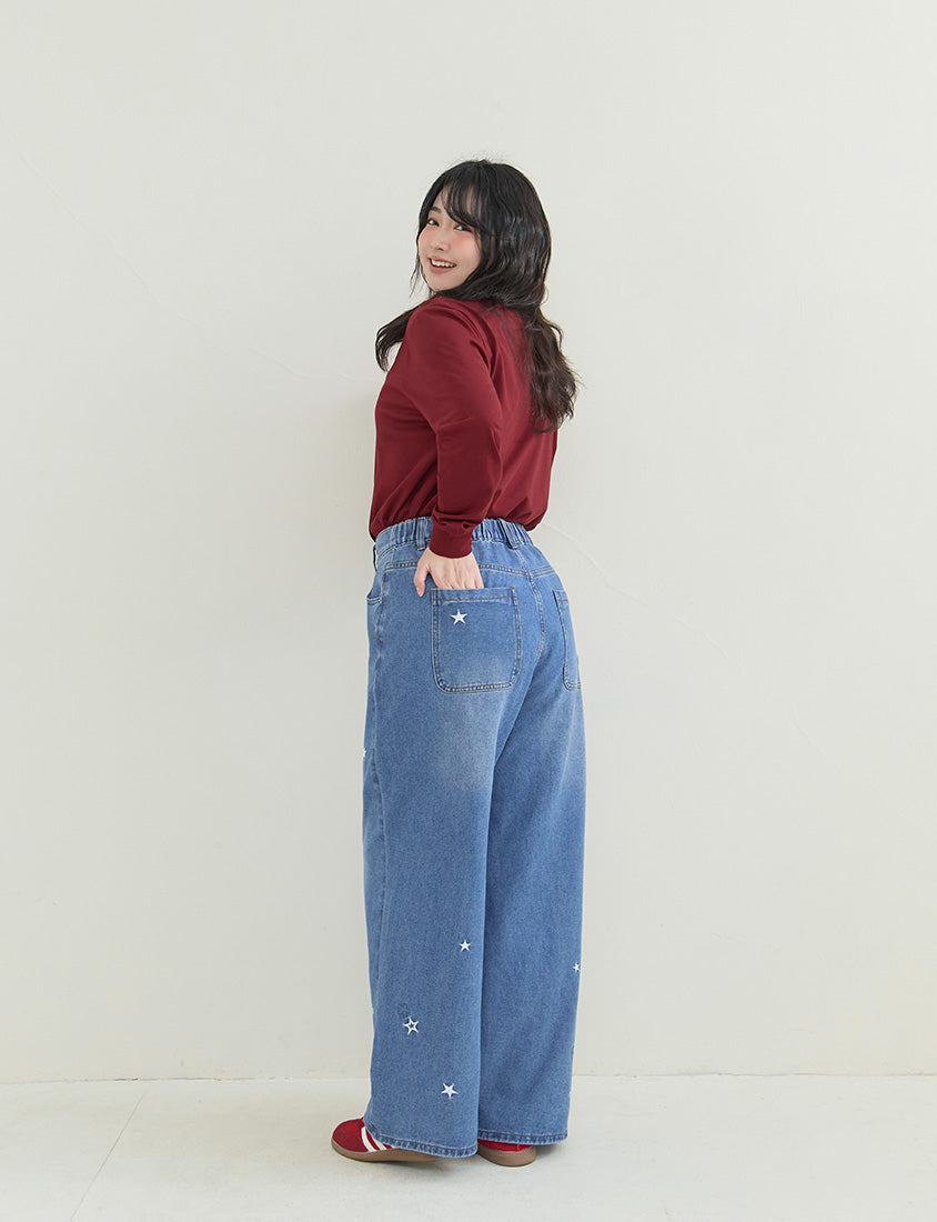 Star Embroidered Denim Plus Size Wide Leg Jeans