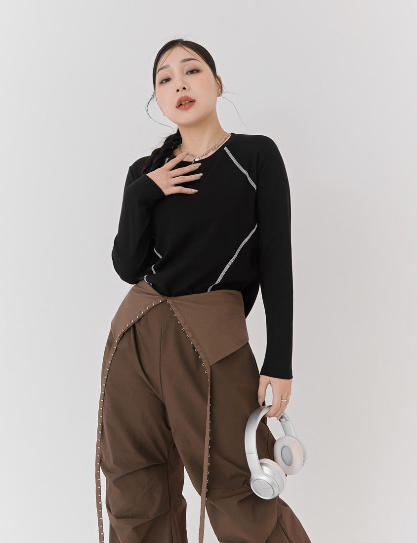 Round Neck Colorblock Topstitch Plus Size Slim Fit Top