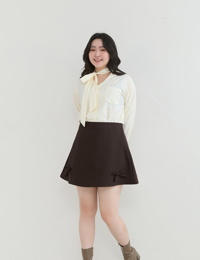 Korean Style Bow-Detail Elastic Back Waist Tailored Plus Size Mini Skirt