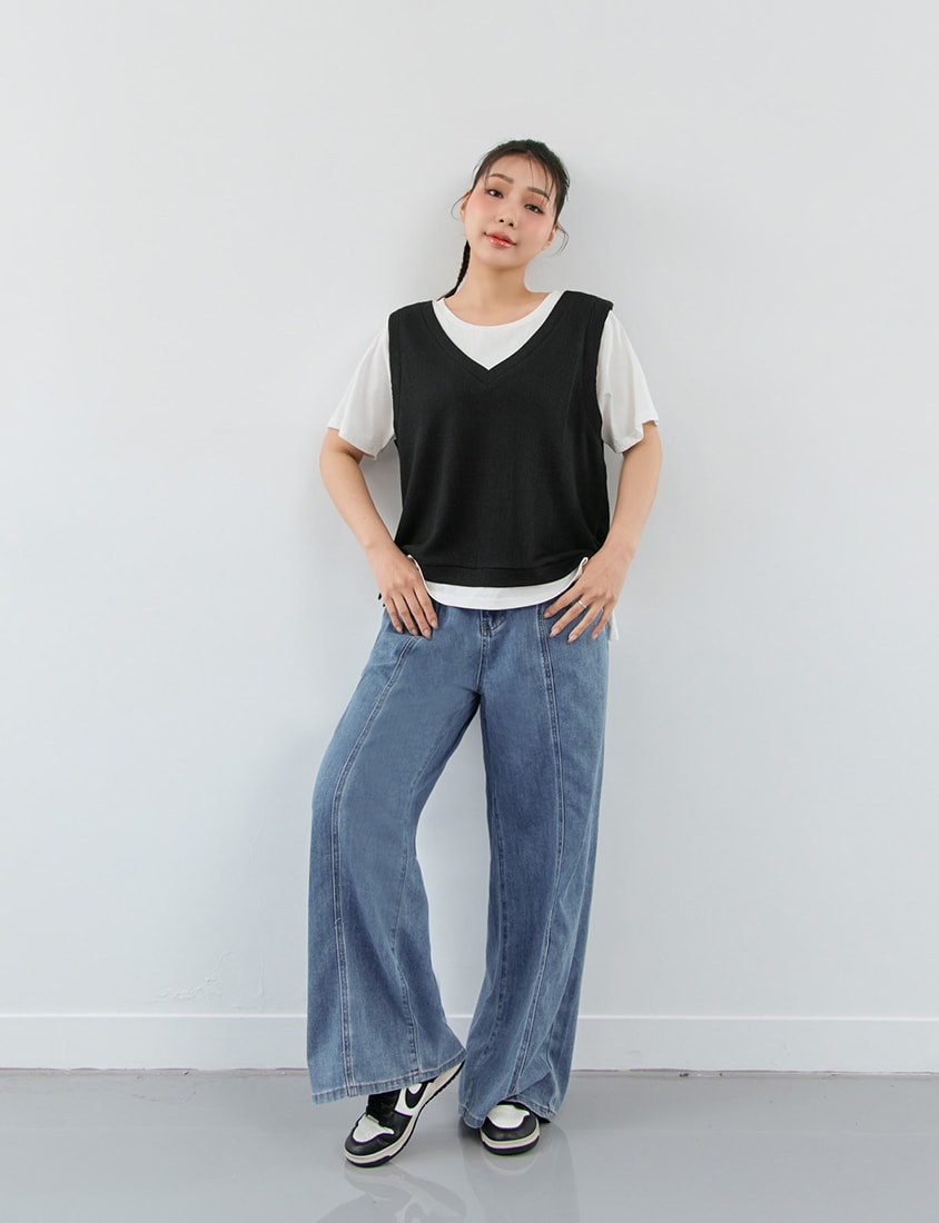 Contrast Waffle Faux Two Piece Plus Size Tee