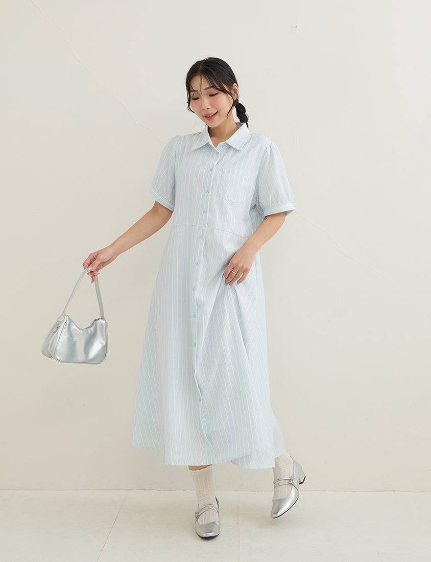 Japanese Contrast Stripe Shirt Collar Plus Size Maxi Dress